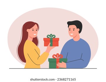 Woman and a man give gifts. Concept for holiday surprise, birthday celebration, Christmas. Vector illustration
