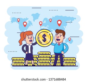 woman and man with global finance coins