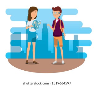 woman and man with global map and backpack