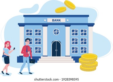 Woman and man go to bank building. Flat design illustration. Vector