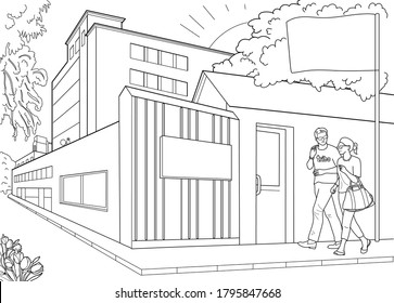 A woman and a man go to the factory. Sketch. Coloring pages. Outline image.