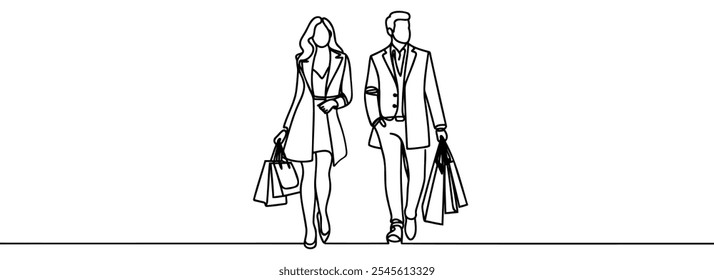 Mulher e homem vão fazer compras. Jovem casal com sacola de compras saindo. Desenho de linha contínuo. Ilustração vetorial em preto-e-branco no estilo de arte em linha.