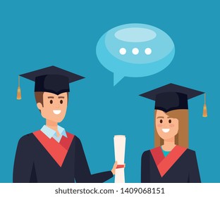 woman and man graduation with diploma and chat bubble
