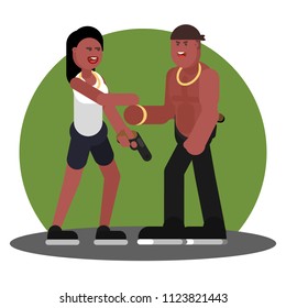 Woman and man greet each other