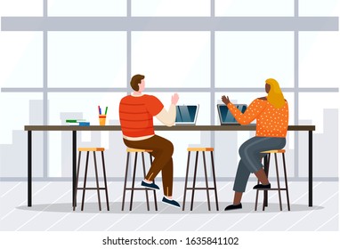 Woman and man greet each other, coworkers in open space. Lady and guy working on laptops. Room interior with high table and chairs and window with cityscape view. Vector illustration of office in flat