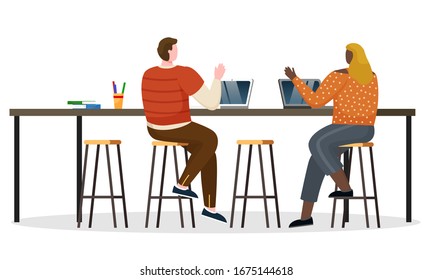 Woman and man greet each other, coworkers meet in open space. Office workers type on laptops together. People sit on high chair by table and work on computers. Vector illustration in flat style