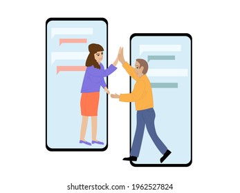 A Woman And A Man Are Greeting By Means Of A Mobile Phone. Video Conferencing, Teleworking, Social Distancing, Business Meetings, Gift Exchange