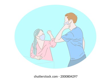 Woman and man greeting and shaking with elbows as new normal to prevent contact and COVID-19 spread, Flat illustration vector.