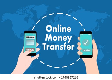woman and man Hand are holding smart phone on the global map. Online money transfer. Wireless mobile application. Internet banking concept. world wide web Contactless payment. digital commercial.