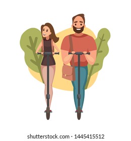 Woman and man with handbag laughing while riding Electric Scooter. Modern eco transport concept. Business people illustration graphic design.