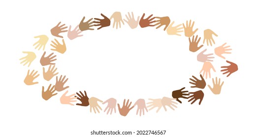 Woman and man hands of different skin color vector illustration. Help concept. Cosmopolite community palm signs isolated. Skin color diversity vector.