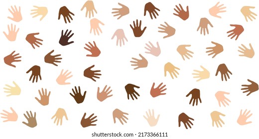 Woman and man hands of different skin color silhouettes. Teamwork concept. Cosmopolite company hand signs isolated. Skin tone identity pattern.