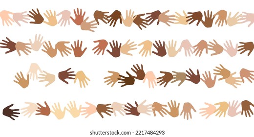 Woman and man hands of different skin color silhouettes. Audience concept. Multinational group palm icons isolated. Skin color diversity illustration.