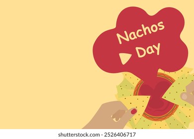 Manos de mujer y hombre mojan nachos en salsa. Plantilla de Anuncio de Nachos Day con inscripción y espacio de copia