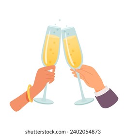 Woman and man hands with glasses of champagne vector illustration isolated on white background. Friends holding goblets with sparkling wine. People celebrating with toasts and cheering. Wedding.