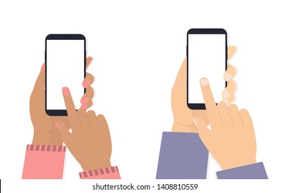 woman and man hands hold martphone and point on the blank screen for add object. Flat vector illustration.