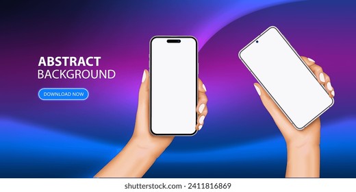 
Woman and man hands hold smartphones with a blank screen background banner. Vector illustration with hands holding phones banner with wave effects background. Vector.