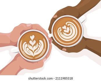 Woman and man hands holding coffee cup with latte art. Cappuccino crema of heart shape. Top view of table in cafe. Flat cartoon illustration. Valentines day concept.