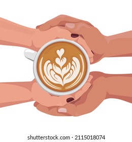 Woman and man hands holding coffee cup. Latte art. Cappuccino crema of heart shape. Top view. Cartoon illustration. Valentines day concept.