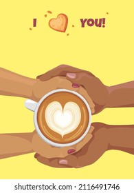 Woman and man hands holding coffee cup. Latte art. Cappuccino crema of heart shape. Top view. Cartoon illustration. Valentines day concept.