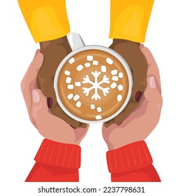 Woman and man hands holding coffee cups with latte art and marshmallow. Cappuccino crema with snowflake shape. Top view. Flat cartoon vector illustration. Christmas day concept. Isolated.