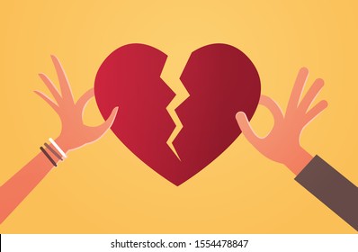 woman man hands holding pieces of broken heart depression life crisis break up divorce betrayal concept flat horizontal vector illustration