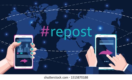 Woman and man hands holding a smart phone in the hand. Social media banner vector. Hashtag Repost buttton and earth map on center
