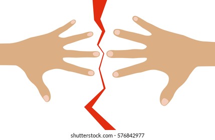 Woman and man hands separated by the red broken line