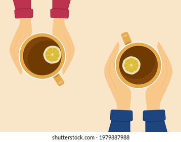 Woman and man hands in sweaters hold cups of hot tea with lemon. Vector illustration, top view
