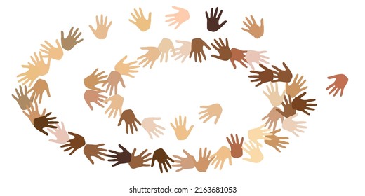 Woman And Man Hands Of Various Skin Tone Vector Illustration. Support Concept. Multinational Group Palm Icons Design. Skin Color Diversity Background.