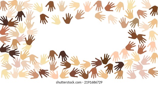 Woman And Man Hands Of Various Skin Tone Vector Illustration. Teamwork Concept. Multinational Culture Palm Icons Design. Skin Color Identity Illustration.