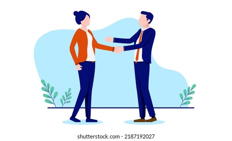 Mujer y hombre dan un apretón de manos - empresarias y empresarias estrechando la mano sobre el acuerdo y el acuerdo. Ilustración vectorial de diseño plano con fondo blanco 