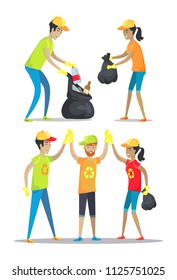 Woman and man happily working, volunteering and picking up garbage, good job high-five of conscientious people set isolated on vector illustration