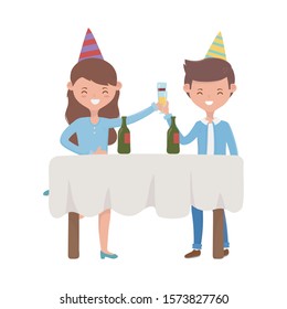 Woman and man with hat design, happy birthday celebration decoration party festive and surprise theme Vector illustration