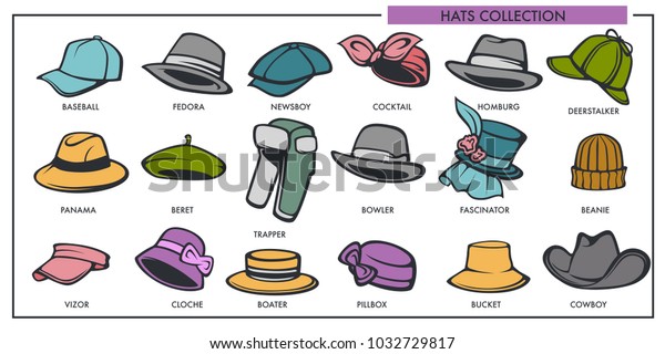 Woman and man hats models\
collection of retro and modern fashion type vector isolated\
icons