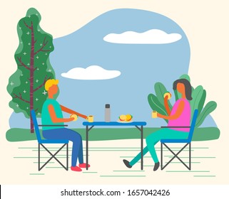 Woman and man have picnic outdoor in forest. Couple spend leisure time on fresh air sitting on garden chairs by table. People eating food like hamburgers. Summer activity, camping. Vector illustration