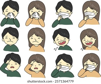 A woman and man have pollen allergy or cold. Some illness. fever, cough, sneeze, itchy eyes and running nose.