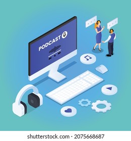 A woman and man having a conversation for podcast isometric 3d vector concept for banner, website, illustration, landing page, flyer, etc.