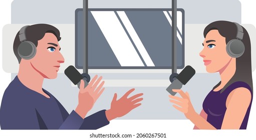 Woman and man having a conversation while recording a podcast 