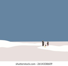 Woman and man are having walk with dog in winter snowy park countryside. Enjoying holiday vacation. Christmas mood.