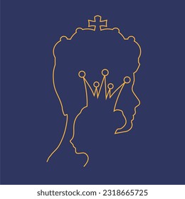 Woman and man head outline silhouettes. King and princess. Young couple