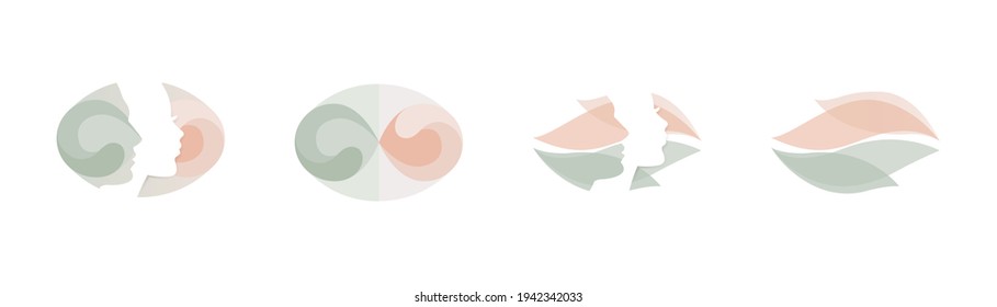 woman and man head profile icon brand logo. concept of gender equality, unity and solidarity. geometric leaf pastel shape. symbol of eternity, balance, yin and yang. vector illustration