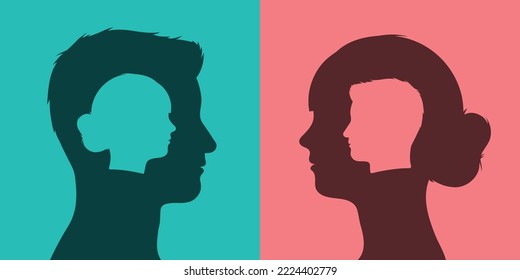 Woman and man head silhouettes exchanging ideas with open mind taking each others perspective - vector illustration