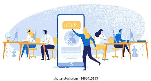 Woman and Man with Headphones in Call Center Occupation Flat Cartoon Vector Illustration. Customer Support Online Service Characters. Girl Pressing Help Button on Mobile Phone. Providing Assistance.