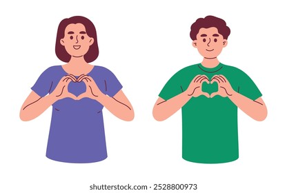 Mujer y hombre con signo de corazón muestra amor propio