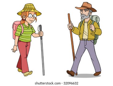 A woman and man hiker with backpacks and walking sticks.