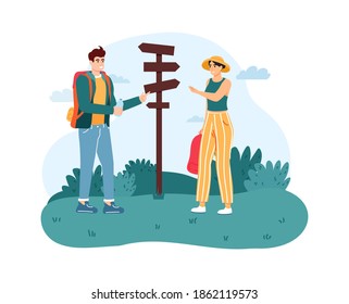 Woman and man hiker standing near direction sign or pointer. Guy and girl with backpacks searching for location. Couple gets lost on nature. Camping or trekking concept cartoon vector illustration