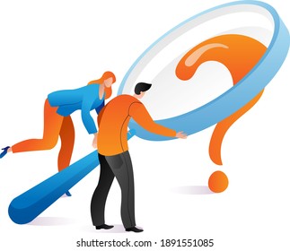 Woman and man hold magnifying glass, solution business issue, question mark cartoon vector illustration, isolated on white. Concept company problem decision, character people teamwork.