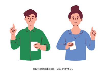 Woman and Man Holding Ballot Paper, Voting and Election Day Concept