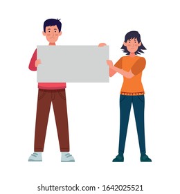 woman and man holding a blank placard over white background, colorful design, vector illustration